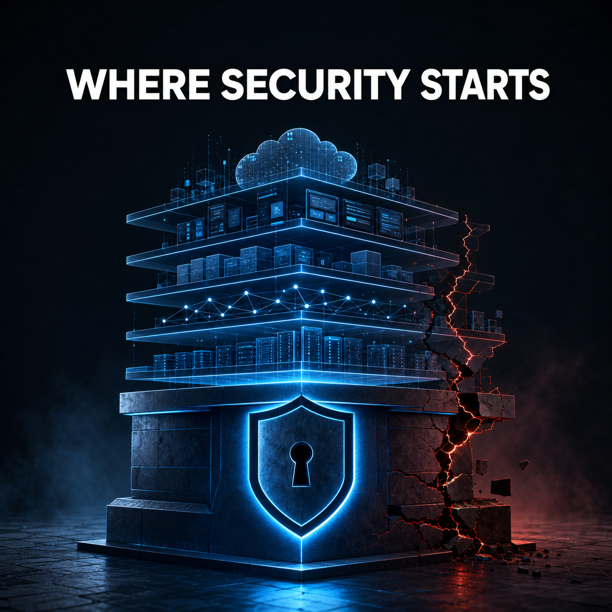Where Security Starts — a layered software system standing on a shielded foundation, with one unprotected side cracking apart